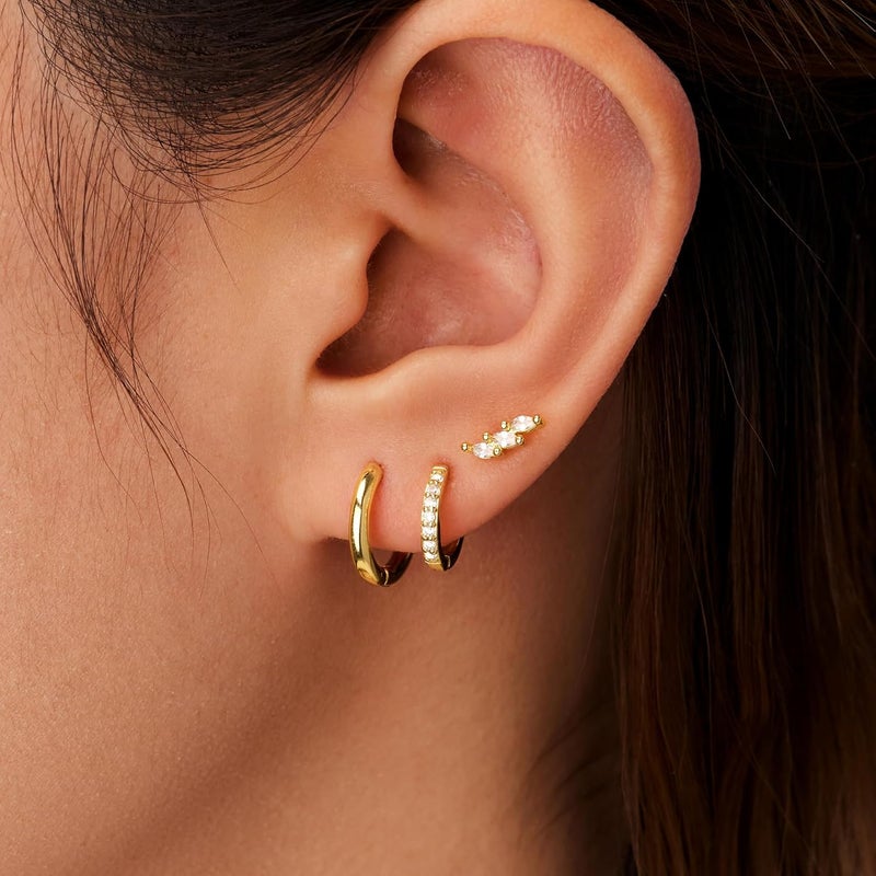 Inerney 14K Gold Plated Huggie Hoop Earrings for Women, Small Sterling Silver Earring Set Hypoallergenic Cartilage Helix Stacks, Mini Dainty Cute Trendy Birthstone Jewelry Gift for Multiple Piercings - Image 3